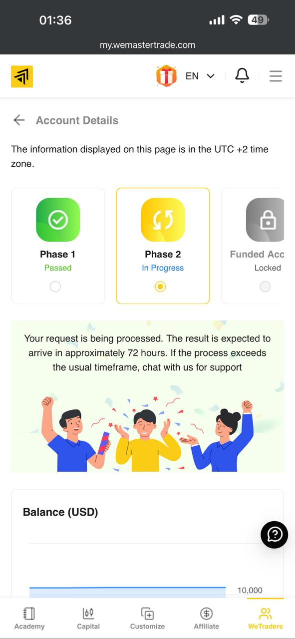 Example of account status and request processing on the dashboard